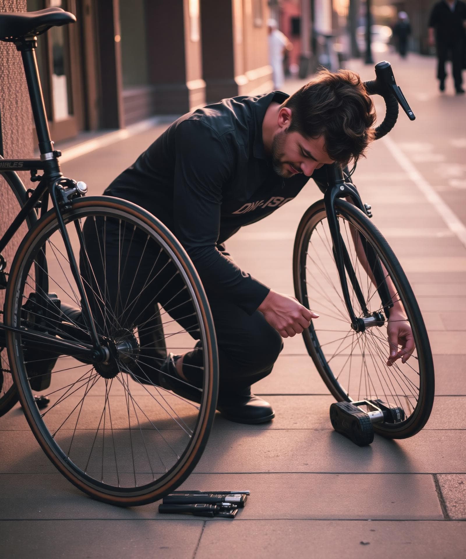 A Roady mechanic repairing a road bike on a city sidewalk